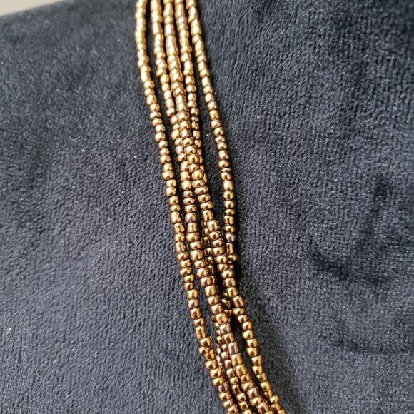 Womens Multi Strand Metal Gold Seed Beads Disk Pendant Necklace with Lobster - Picture 6 of 7